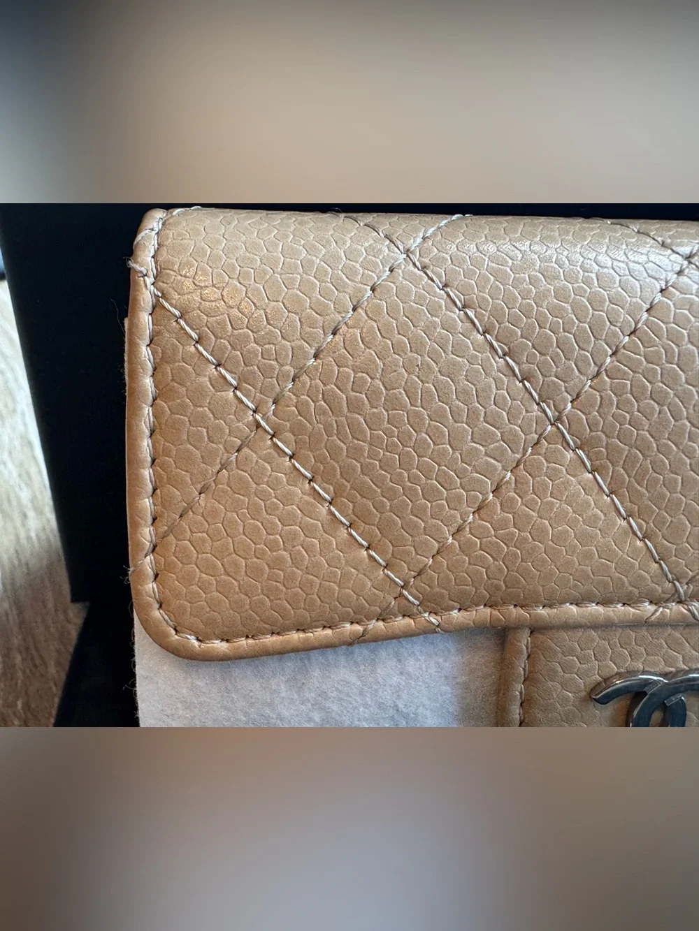 CHANEL Beige Quilted Caviar Leather Card Holder with Silver CC